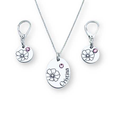Set Lantisor pandantiv oval personalizat si cercei argint - Nume, Floare si Cristal  [4]