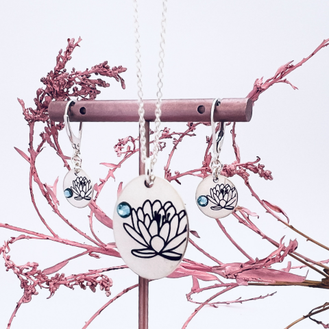 Set Lantisor pandantiv oval personalizat si cercei argint - Nume, Floare si Cristal  [8]