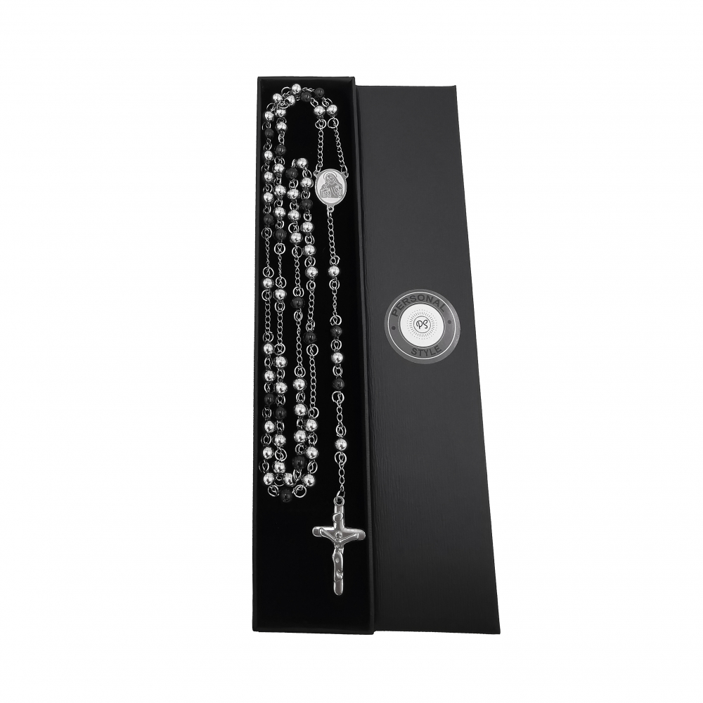 Rozariu inox argintiu, negru, lant cu cruciulita  [3]
