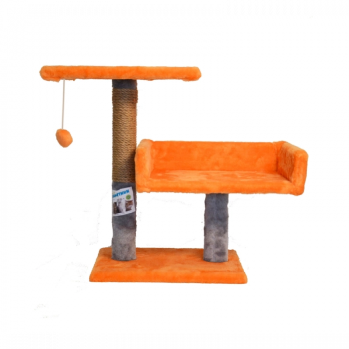 Ansamblu de joaca pentru pisici tip coloana cu canapea dubla si ciucure culoare portocaliu cu gri 50 x 38 x 30 cm