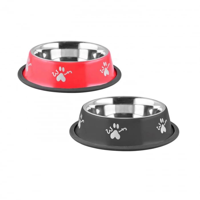 Bol pentru hrana animale cu suport gumat, inox, Agility, diametru 15,5 cm, model labute, negru rosu , 180 ml