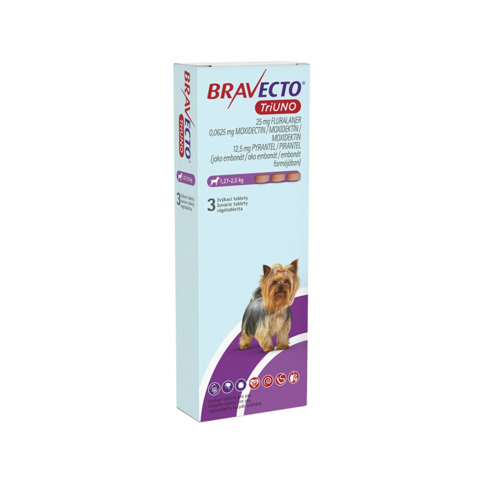 BRAVECTO TRIUNO antiparazitar intern si extern pentru caini 25mg (1.27-2.5kg) - 3 tablete masticabile