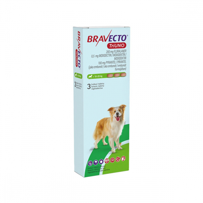 BRAVECTO TRIUNO antiparazitar intern si extern pentru caini 200mg (10-20 kg) - 3 tablete masticabile