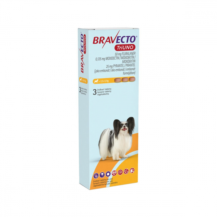 BRAVECTO TRIUNO antiparazitar intern si extern pentru caini 50mg (2.5-5 kg) - 3 tablete masticabile