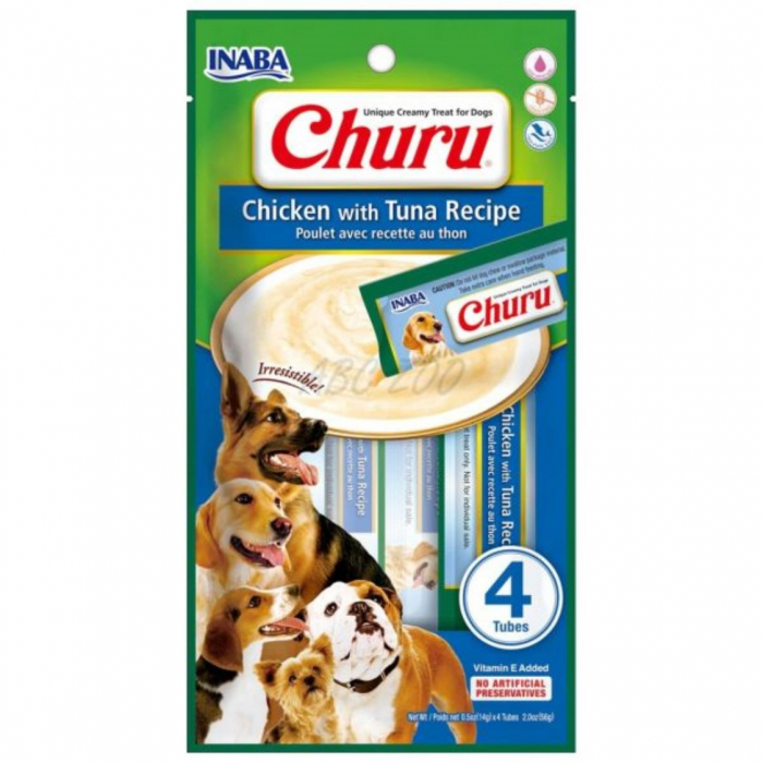 Recompense delicioase pentru caini Churu Dog Piure Pui cu ton 4x14g