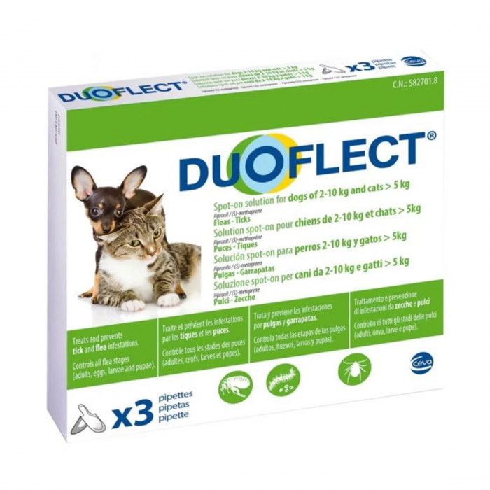 DUOFLECT, Solutie Antiparazitara Spot-on Pentru Caini 2-10 Kg Si Pisici 5kg, 3 Pipete