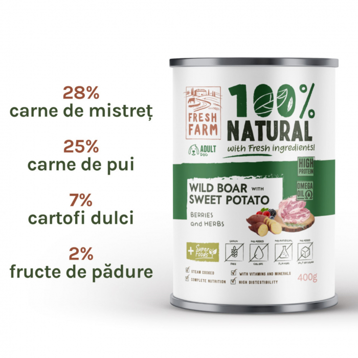 Hrana umeda caini, Fresh Farm Coarse pate with wild boar, berries and herbs 400 gr [2]