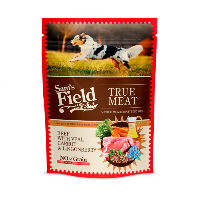 Hrana Umeda caini, Sam s field dog pouch beef with veal, carrot  lingonberry 260gr