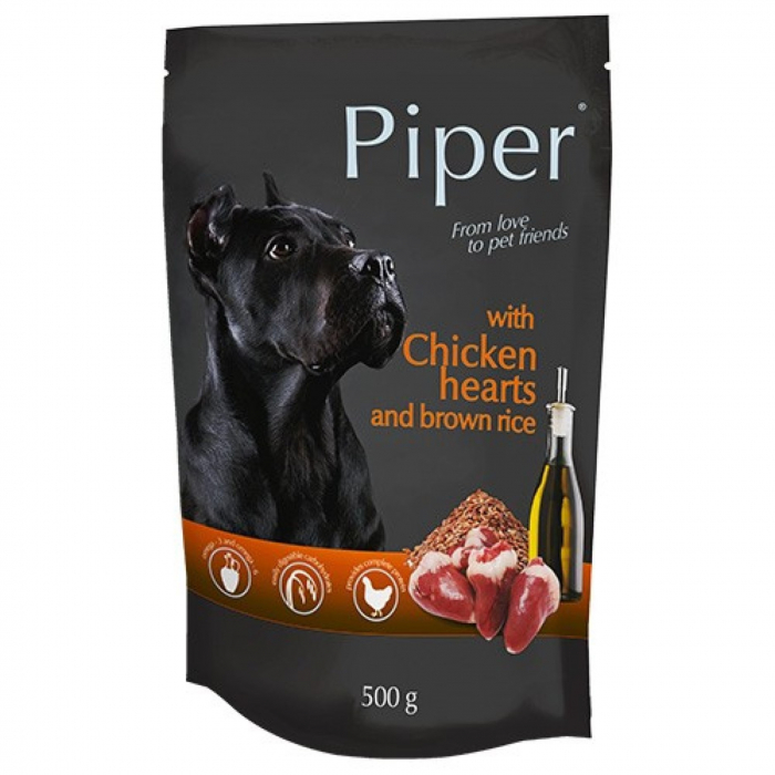 Hrana umeda pentru caini piper adult, inimi de pui si orez brun, 500 g