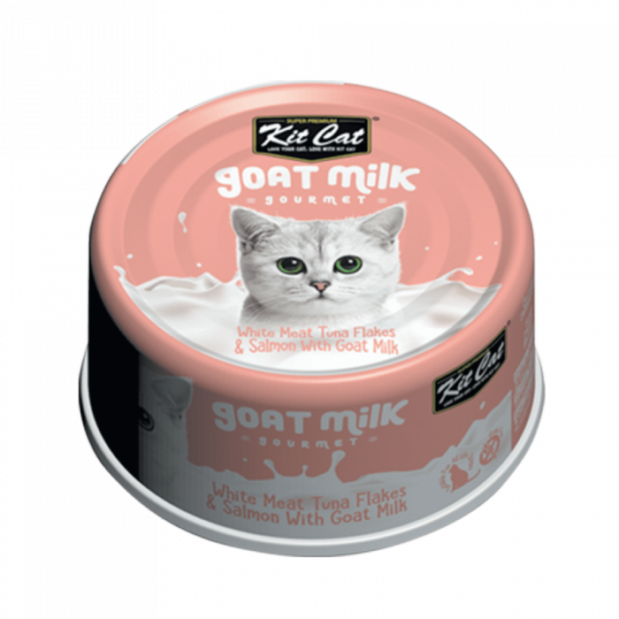 Hrana umeda pentru pisici, Kit Cat Goat Milk Gourmet, Fasii de ton alb somon cu lapte de capra, 70g