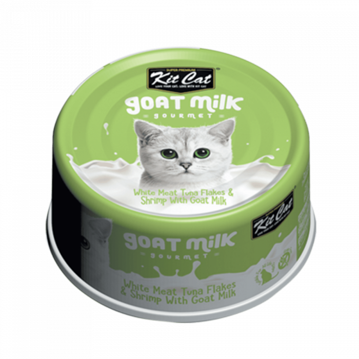 Hrana umeda pentru pisici, Kit Cat Goat Milk Gourmet, Fasii de ton alb creveti cu lapte de capra, 70g