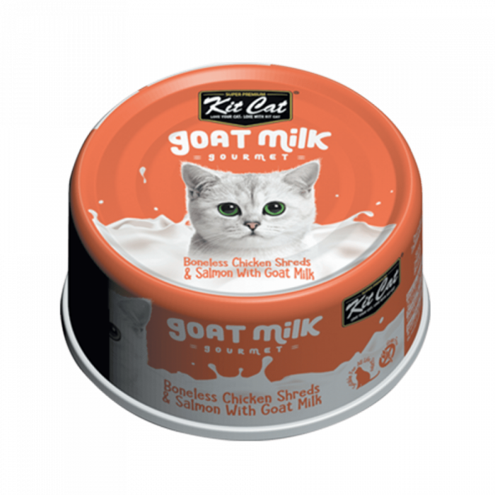 Hrana umeda pentru pisici, Kit Cat Goat Milk Gourmet, File de Pui Fara Oase  Somon cu Lapte de Capra, 70g