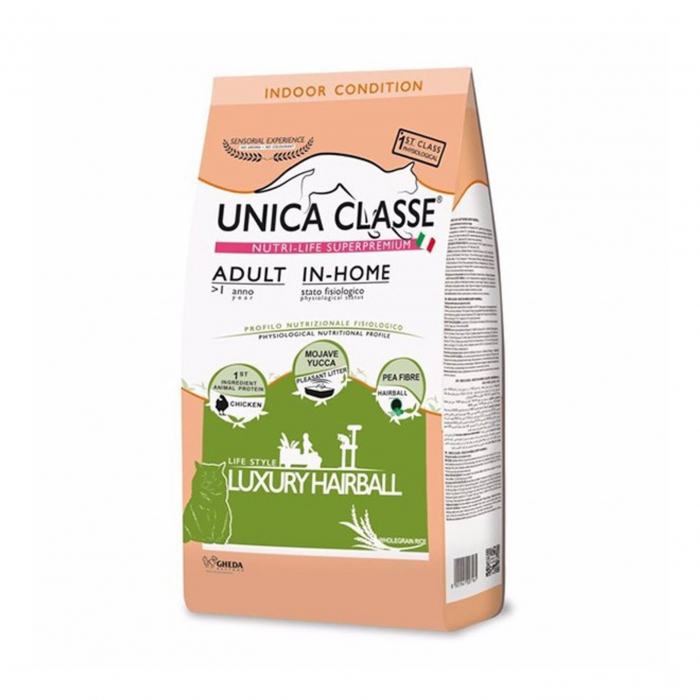 Hrana pentru pisici Unica Classe adult in-home luxury hairball, cu pui, 10 kg