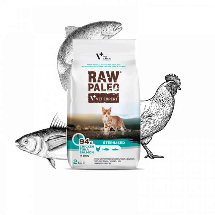 Hrana uscata pentru pisici sterilizate, RAW PALEO, carne de pui, ton si somon, 2 kg [2]