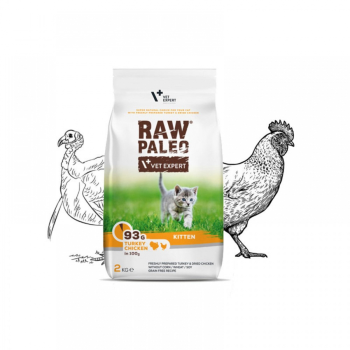 Hrana uscata pentru pisici kitten, RAW PALEO, carne de curcan si pui, 2kg [2]