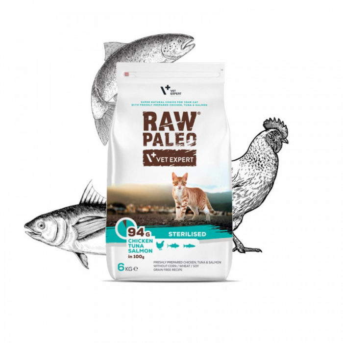 Hrana uscata pentru pisici sterilizate, RAW PALEO, carne de pui, ton si somon, 6 kg [2]