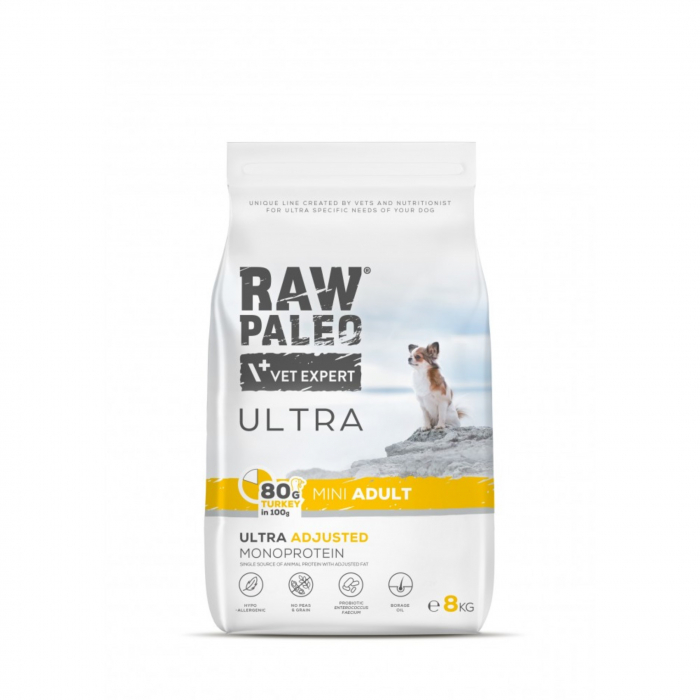 Hrana uscata pentru caini Raw Paleo Ultra Turkey Mini Adult  8kg