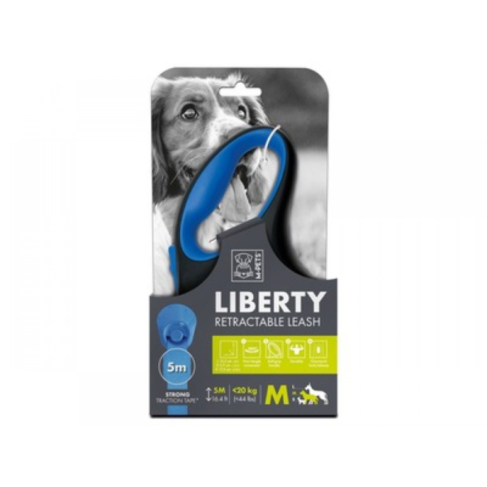 Lesa retractabila banda pentru caini, LIBERTY M-PETS, albastra M, 5m,  20 kg