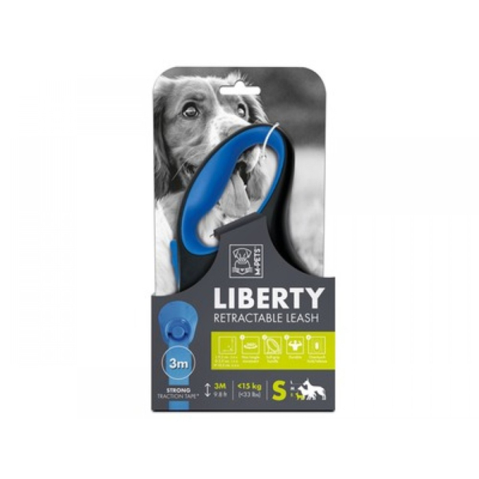 Lesa retractabila banda pentru caini, LIBERTY M-PETS, albastra S, 3m,  15 kg