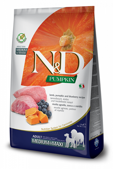 ND Pumpkin Grain Free Med Max Adult, Miel, Dovleac si Afine, 12 kg