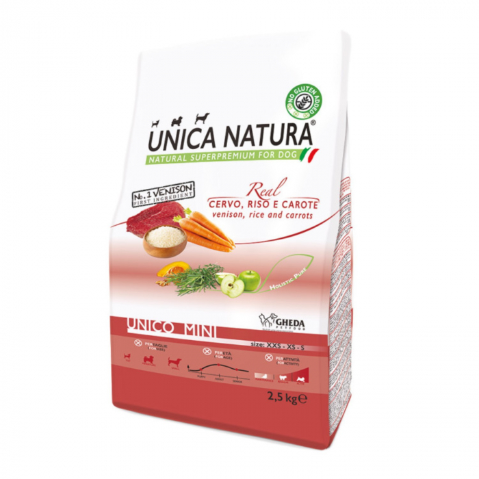 Natura Unica hrana uscata pentru caini talie mica cu Cerb,orez si morcovi 2.5  kg