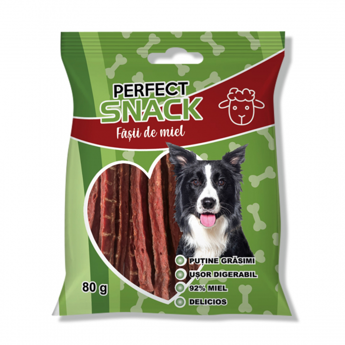 Perfect Snack, recompense delicioase pentru caini,  Fasii de miel ,   80 g
