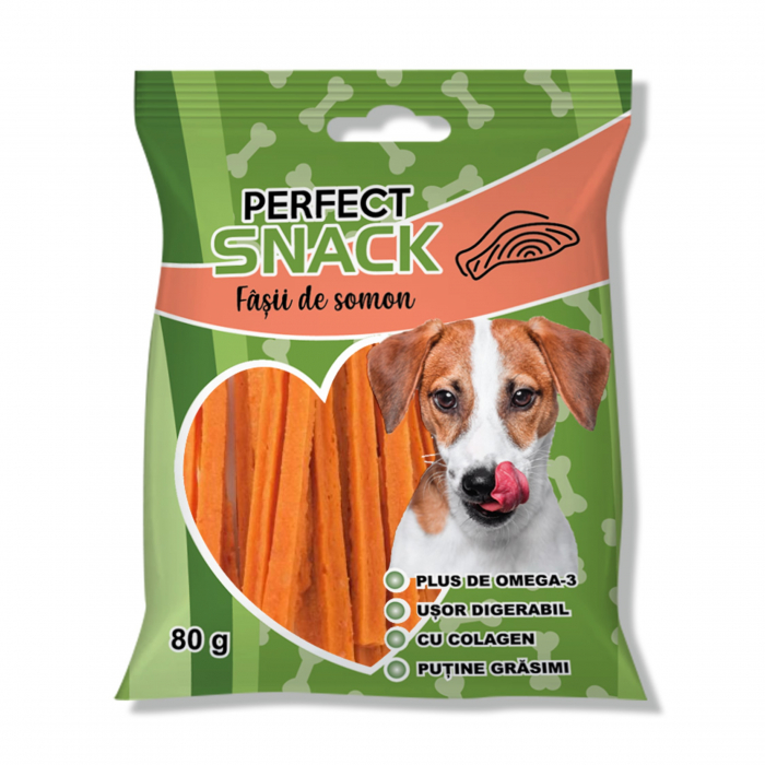 Perfect Snack, recompense delicioase pentru caini,  Fasii de somon ,   80 g