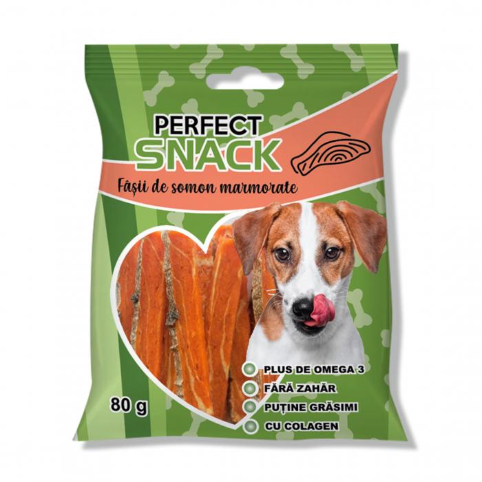 Perfect Snack, recompense delicioase pentru caini,  Fasii de somon marmorate,   80 g