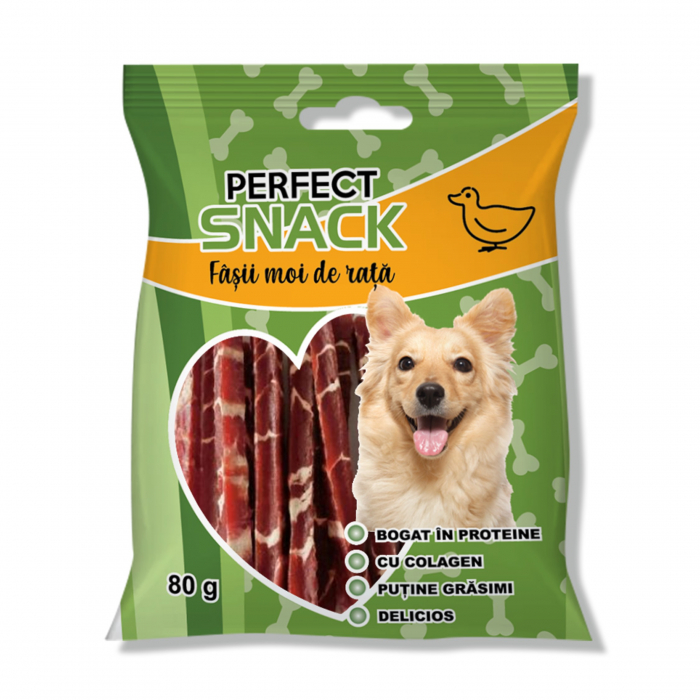 Perfect Snack, recompense delicioase pentru caini,  Fasii moi de rata,   80 g