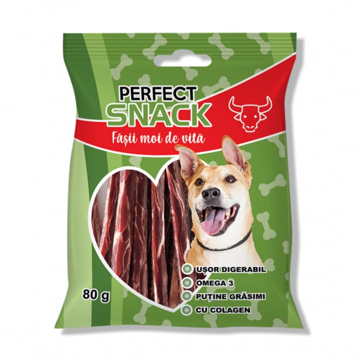 Perfect Snack, recompense delicioase pentru caini,  Fasii moi de Vita,   80 g