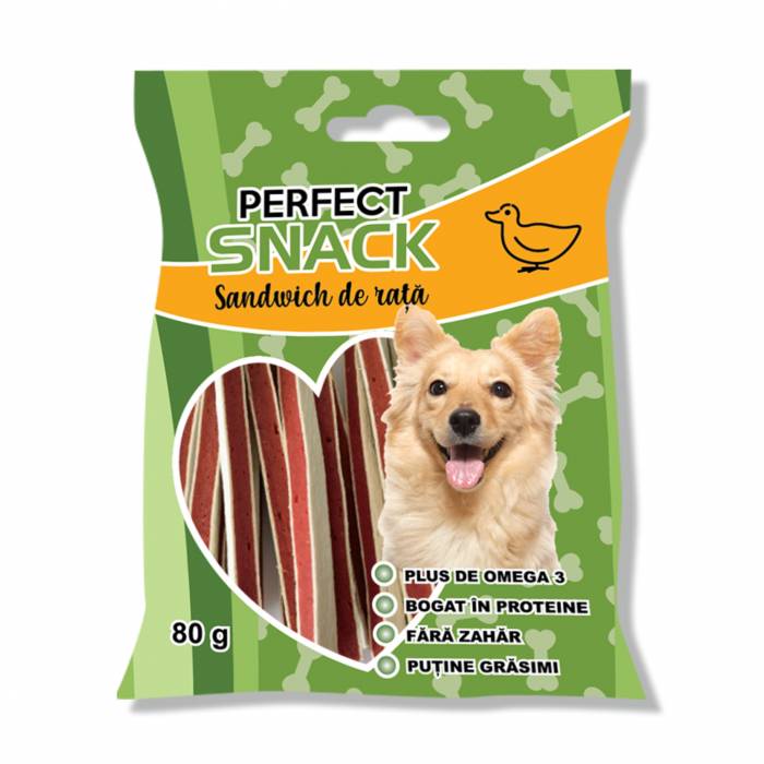 Perfect Snack, recompense delicioase pentru caini,  Sandwich de rata ,   80 g