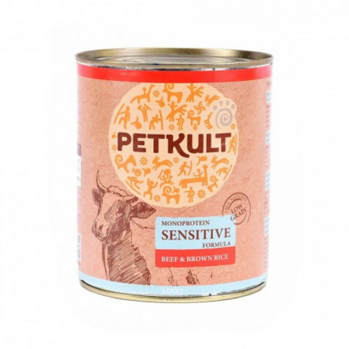 sarmale in foi de vita cu orez Petkult Sensitive cu vita si orez brun, hrana umeda pentru caini, 800 g