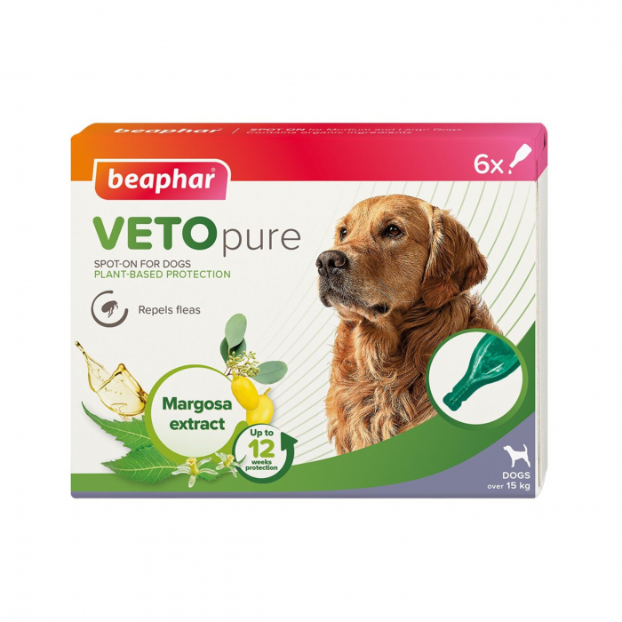 Pipeta antiparazitara BEAPHAR VETOPURE BIO SPOT ON pentru caini 15 kg L 6 pipete cutie