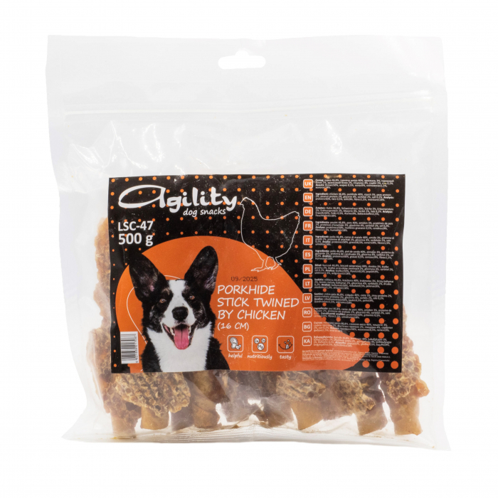Recompense pentru caini Agility, betisoare de piele de porc impletite cu pui, 16cm, 500g [2]