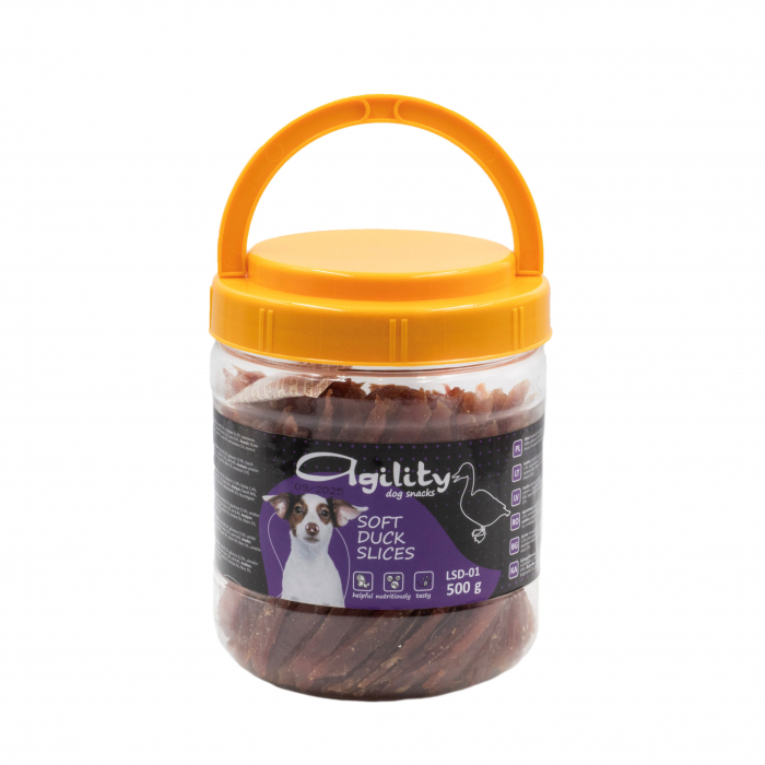 Recompense delicioase pentru caini Agility, jumatati fasii carne piept rata, 500g [2]