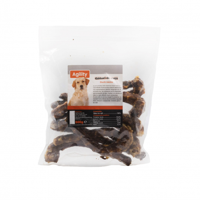 Recompense delicioase pentru caini Agility, Gaturi de Rata, 500g