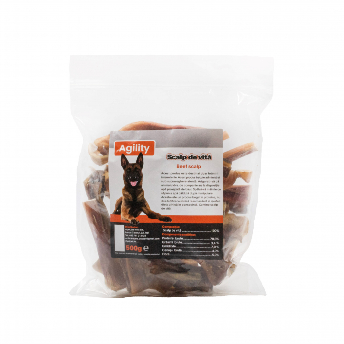 Recompense delicioase pentru caini Agility, Scalp de vita, 500g