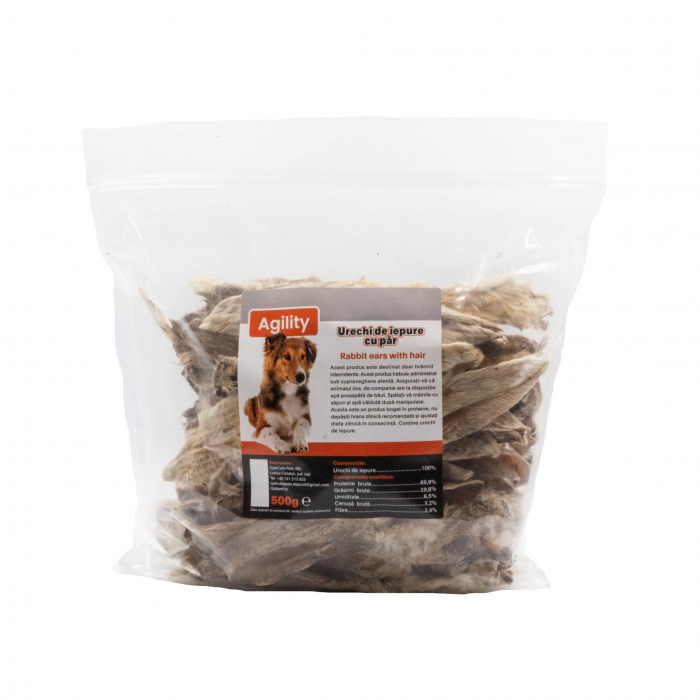 Recompense delicioase pentru caini Agility, Urechi de iepure cu par, 500g