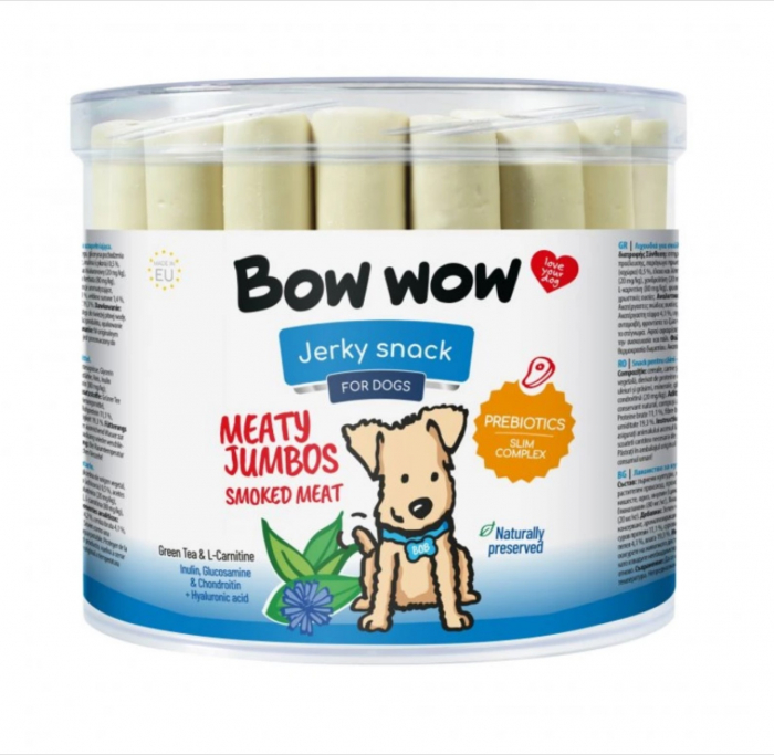 Recompense delicioase pentru caini Bow Wow, carne afumata Jumbos, 35 buc