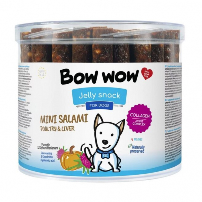 Recompense delicioase pentru caini Bow Wow, mini salam din ficat de pasare, 60 buc