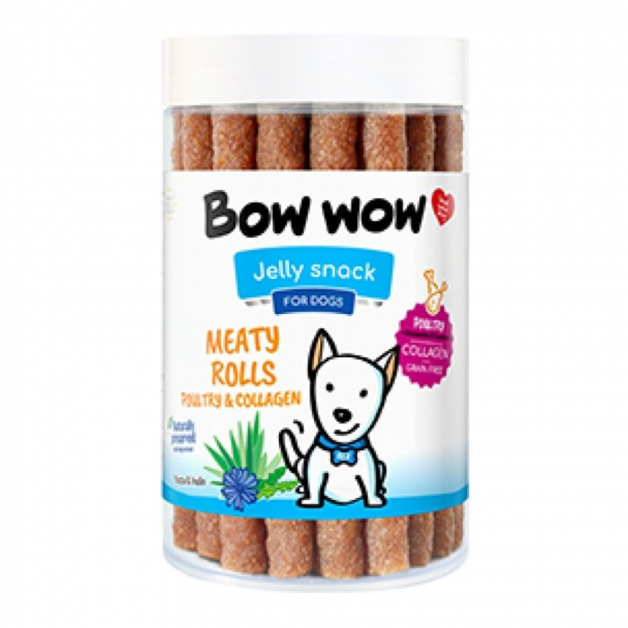 Recompense delicioase pentru caini Bow Wow natural sticks, Rulouri cu carne de pasare si colagen, 17 buc