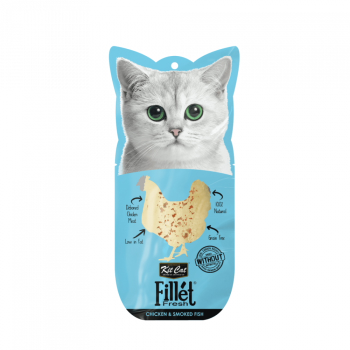 Recompense lichide pentru pisici Kit Cat Fillet Fresh, pui si peste afumat, 30g