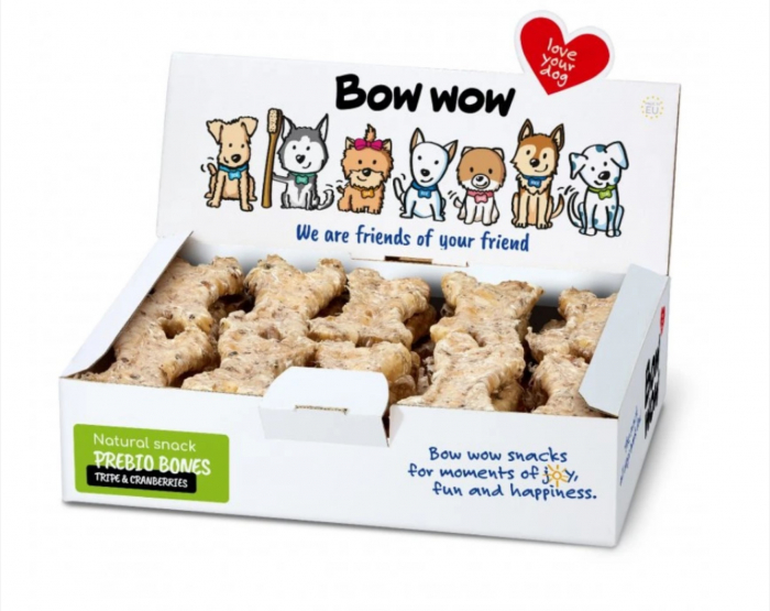 Recompense delicioase pentru caini Bow Wow, oase prebiotic, cu burta de vita si merisoare BW333A, 30 buc