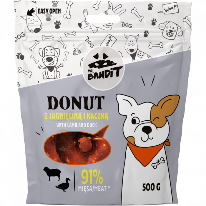 Recompense pentru caini Mr. Bandit Donut, miel si rata, 500g