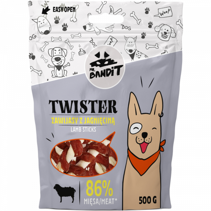 Recompense pentru caini Mr. Bandit TWISTER, miel, 500g