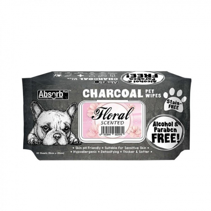 Servetele umede pentru animale, Charcoal Pet WET Wipes, Floral- pachet 80 buc