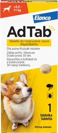 Antiparazitare interne si externe - AdTab 225 mg comprimate masticabile pentru câini impotriva purecilor si a capuselor (5,5-11 kg) - 1 tableta