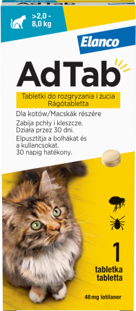 Pisici - AdTab 48 mg comprimate masticabile pentru pisici impotriva purecilor si a capuselor (2-8 kg) - 1 tableta