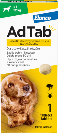 Antiparazitare interne si externe - AdTab 450 mg comprimate masticabile pentru câini impotriva purecilor si a capuselor (11-22 kg) - 1 tableta