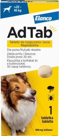 Antiparazitare interne si externe - AdTab 900 mg comprimate masticabile pentru câini impotriva purecilor si a capuselor (22-45 kg) - 1 tableta